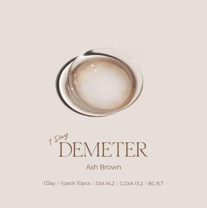 Asian model demonstrating a K-idol-inspired look with Gemhour Demeter 1-Day Ash Brown (10pk) coloured contact lenses, highlighting the instant brightening and enlarging effect of the circle contact lenses over dark irises.
