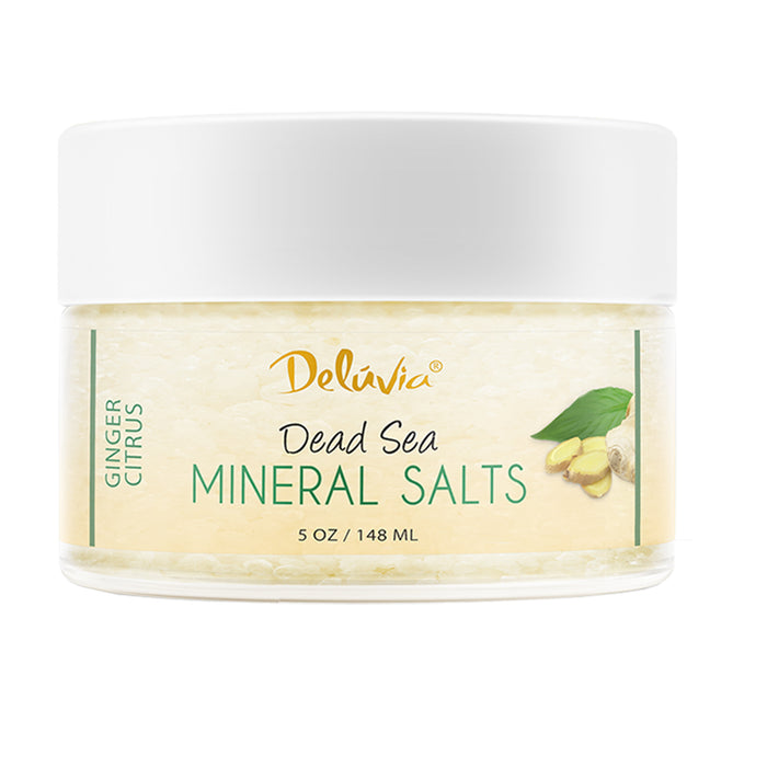 Jar of 5oz Deluvia Ginger Citrus Dead Sea Mineral Salts Bodycare