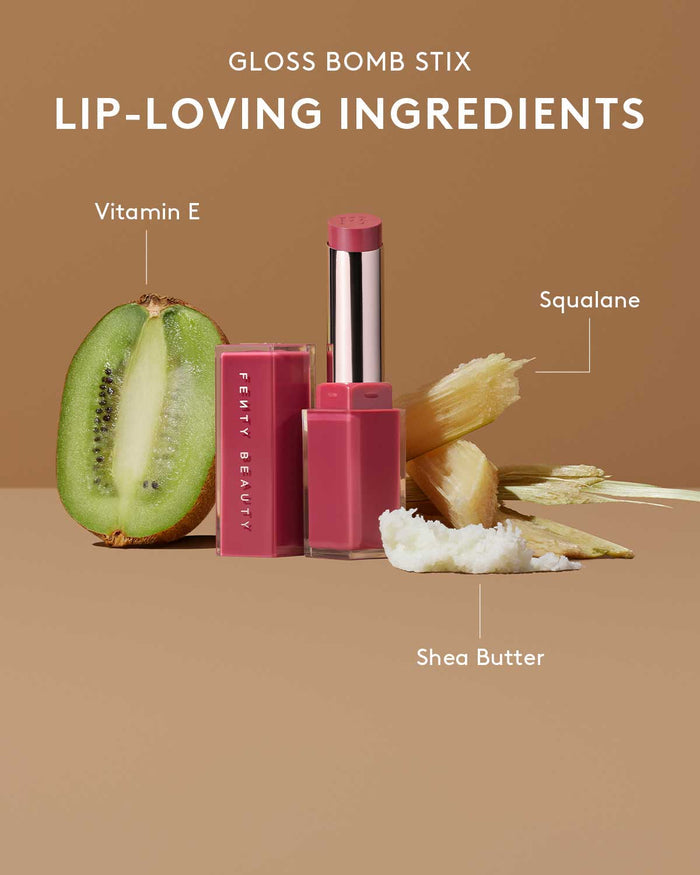 Infographic of Gloss Bomb Stix Lip-Loving Ingredients with Gloss Bomb in shade Riri surrounded by a Kiwi (Vitamin E), Squalene, and Shea Butter.