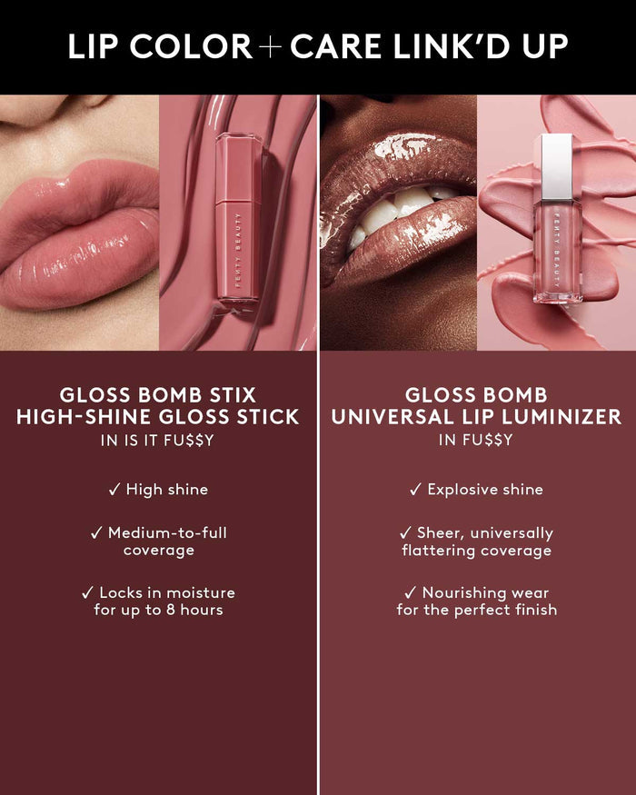 Infographic showing the different finishes of Gloss Bomb Stix High-Shine Gloss Stick and Gloss Bomb Universal Lip Luminizer.