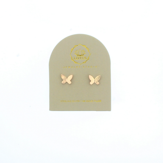 Gold butterfly stud earrings on display card, two small gold butterfly pairs