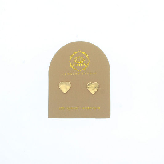 Gold heart stud earrings on card, two gold-tone heart studs