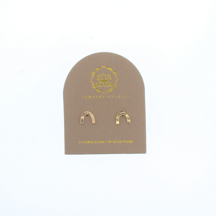 Gold-tone rainbow stud earrings on display card