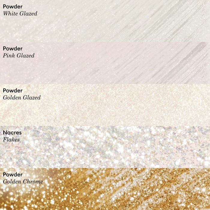 Five textured swatches show powder and nacre finishes in white glazed, pink glazed, pearly gold shimmer, iridescent flakes, and Manucurist's Golden Glazed Effect Powder. Each shimmering strip is perfect for manicure inspiration.