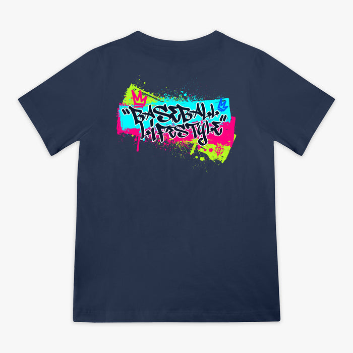 Navy Graffiti Crown youth graphic tee — back view