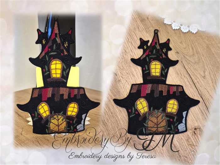 Halloween house No.1/combination of felt and lace/5x7 hoop/two variations