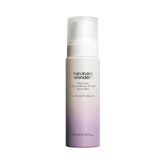 HARUHARU WONDER Black Rice Probiotics Barrier 2% NAD+ Serum Mist is a lightweight, creamy mist designed to hydrate, soothe, and strengthen the skin barrier throughout the day. Formulated with NAD+ and a 5 Ceramide Complex, it helps replenish moisture while supporting skin elasticity and a healthier-looking complexion. Galactomyces Ferment Filtrate and Bifida Ferment Filtrate work to calm sensitive skin and refine uneven texture, while Panthenol, Squalane, and Rice Lees Extract boost hydration an