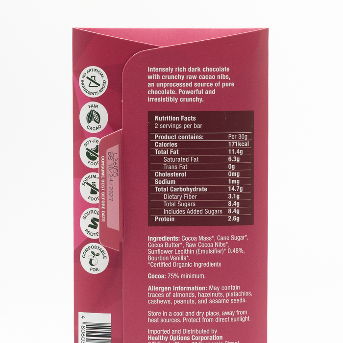 Healthy Options Organic Cacao Nibs Chocolate Bar - 75% Dark 60g