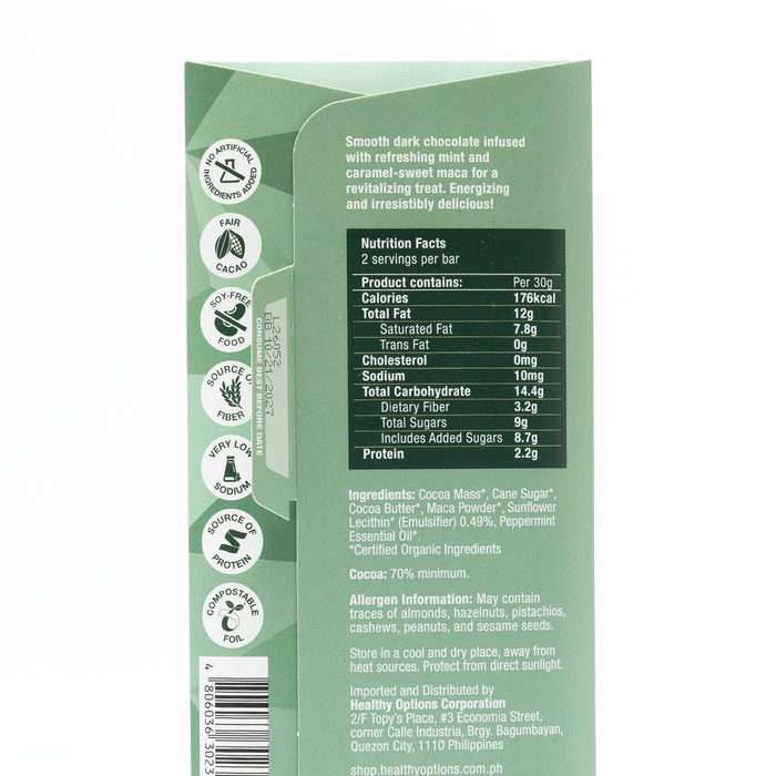 Healthy Options Organic Mint Maca Chocolate Bar - 70% Dark 60g