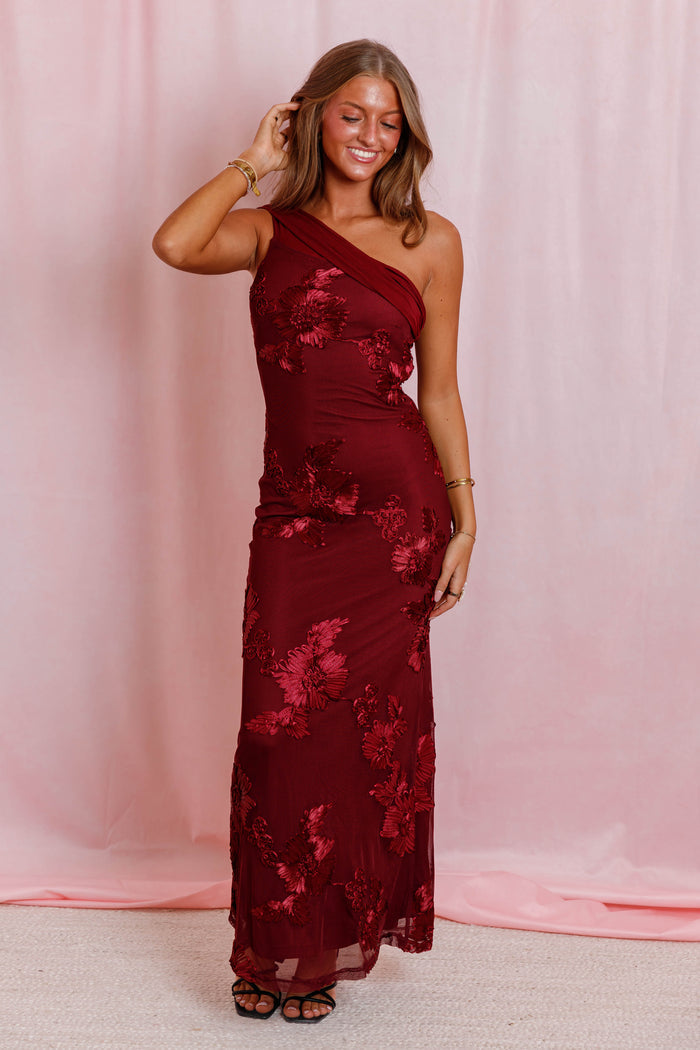 Bordeaux Floral Maxi Dress- Women's One Shoulder Formal Dress- Fall Wedding Guest Dresses for Women