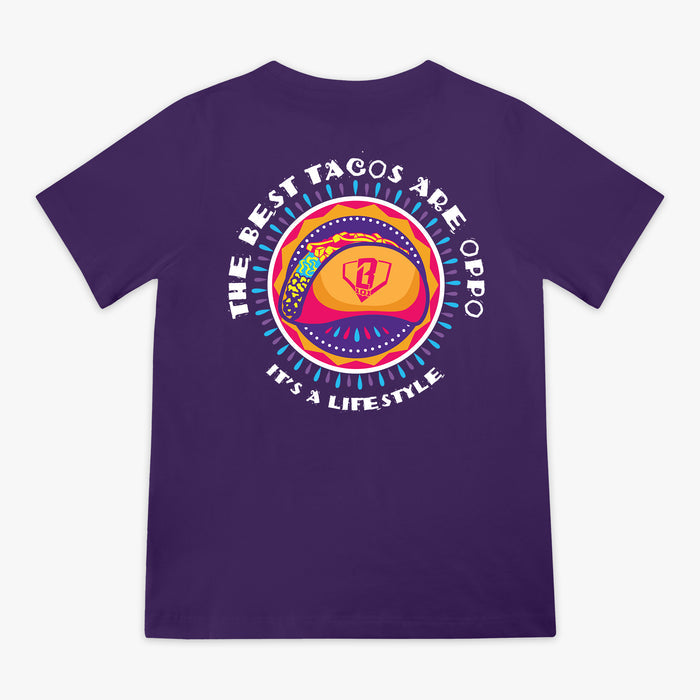Purple t-shirt with colorful graphic and 'The Best Tacos Are Oppo It's a Lifestyle' text on a white background