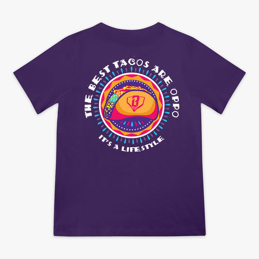 Purple t-shirt with colorful graphic and 'The Best Tacos Are Oppo It's a Lifestyle' text on a white background