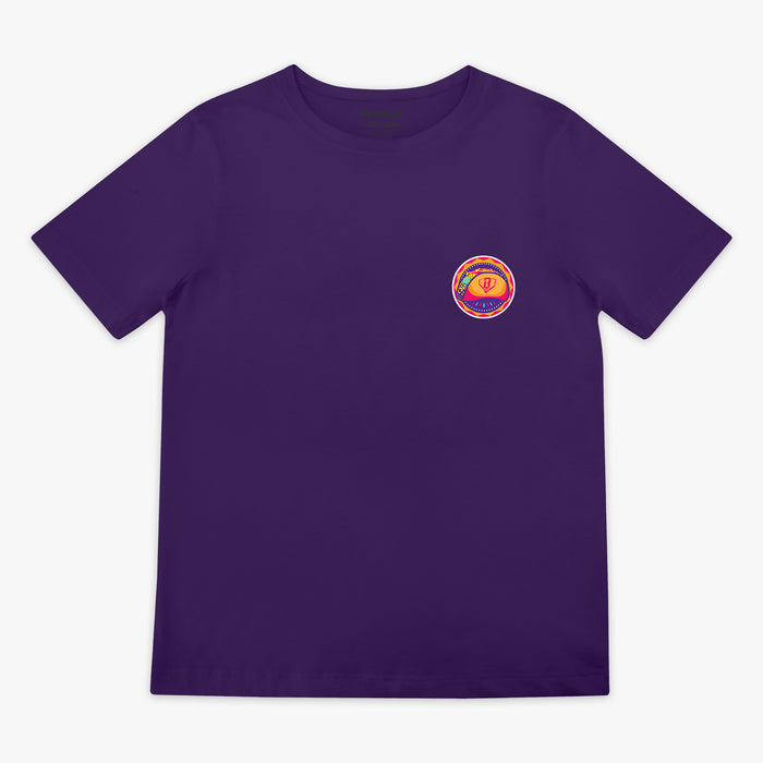 Purple t-shirt with a colorful taco logo on the chest against a white background