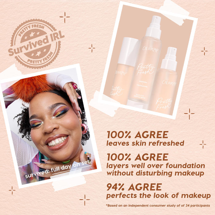 ColourPop Hydrating Prime + Set face set - three Pretty Fresh bottles with mist sprayers - standing on a peach backdrop, shown beside a smiling model; callouts highlight that it refreshes skin, layers over foundation, and perfects makeup.