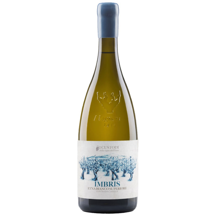 White wine bottle with blue foil neck and vineyard label