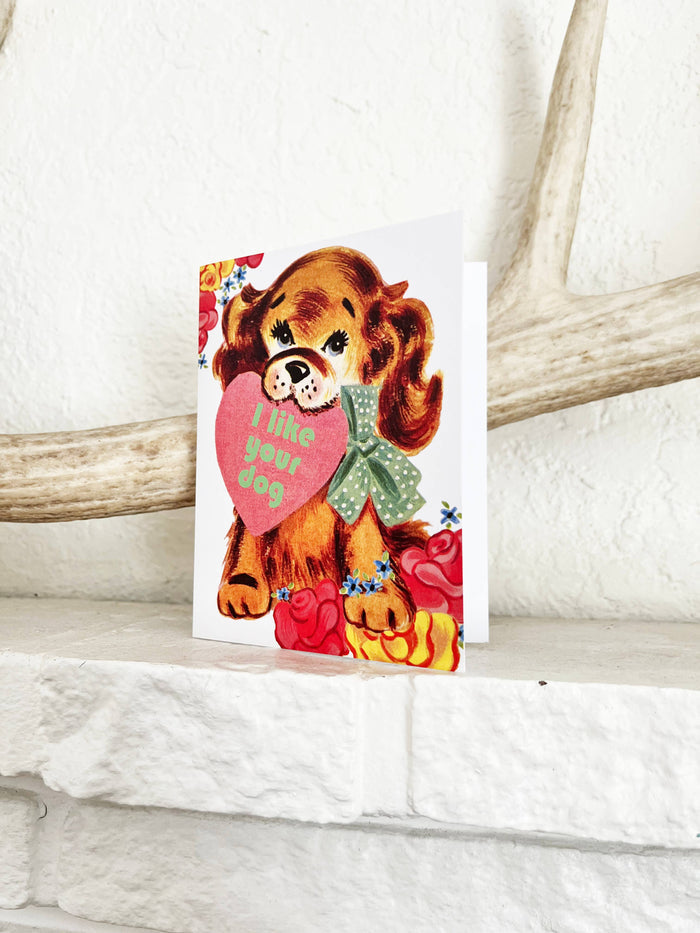 Funny Valentine’s Day card featuring the message "I Like Your Dog" from The Coin Laundry, with playful dog illustrations.