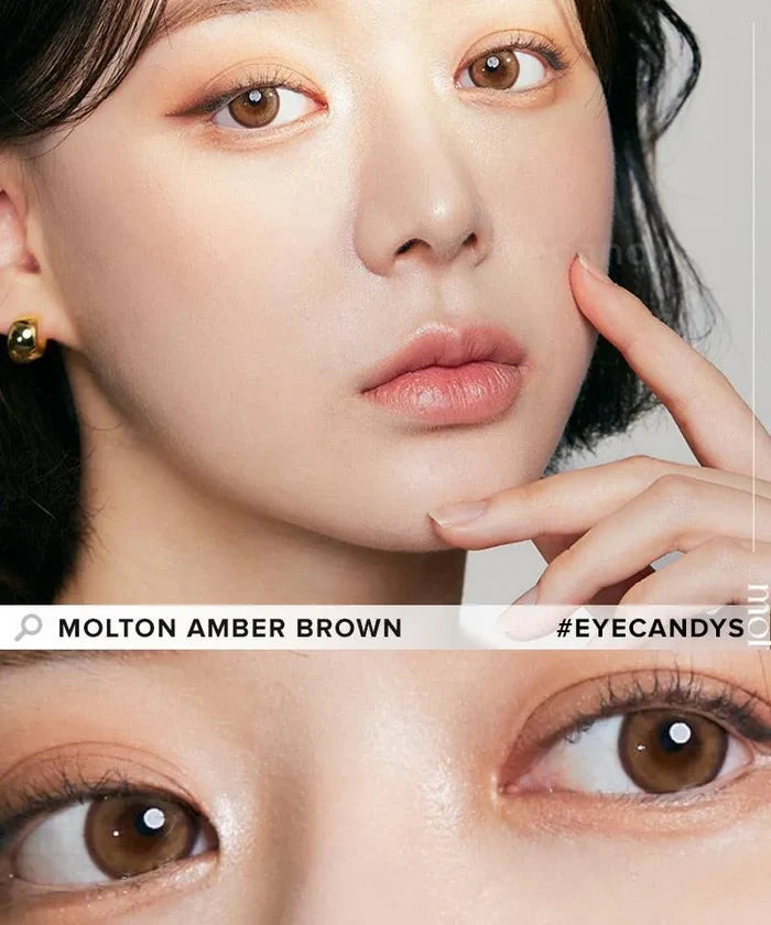 Design of the i-Sha Molton 1-Day Amber Brown (10pk) coloured contact lens from Eyecandys on a white background, showing the pixel dotted detail and limbal ring.