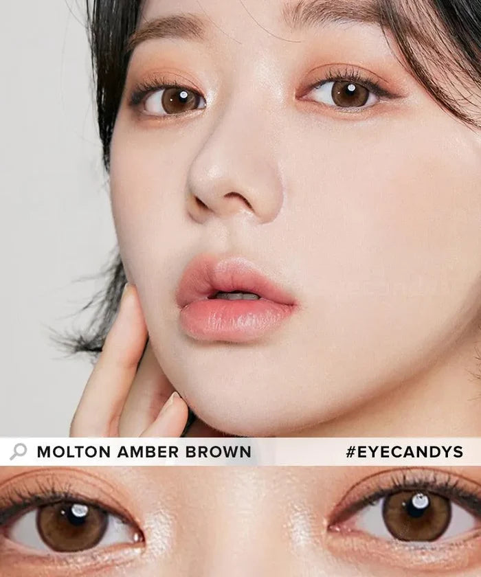 Design of the i-Sha Molton Amber Brown coloured contact lens from Eyecandys on a white background, showing the pixel dotted detail and limbal ring.