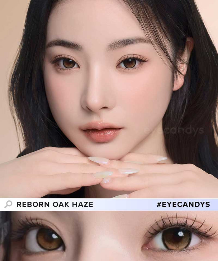A female model with natural dark eyes wearing i-Sha Reborn Oak Haze contact lenses, complemented by subtle eyeshadow and peach lipstick and Close-up image showcases the model's eyes adorned with the same hazel contact lenses