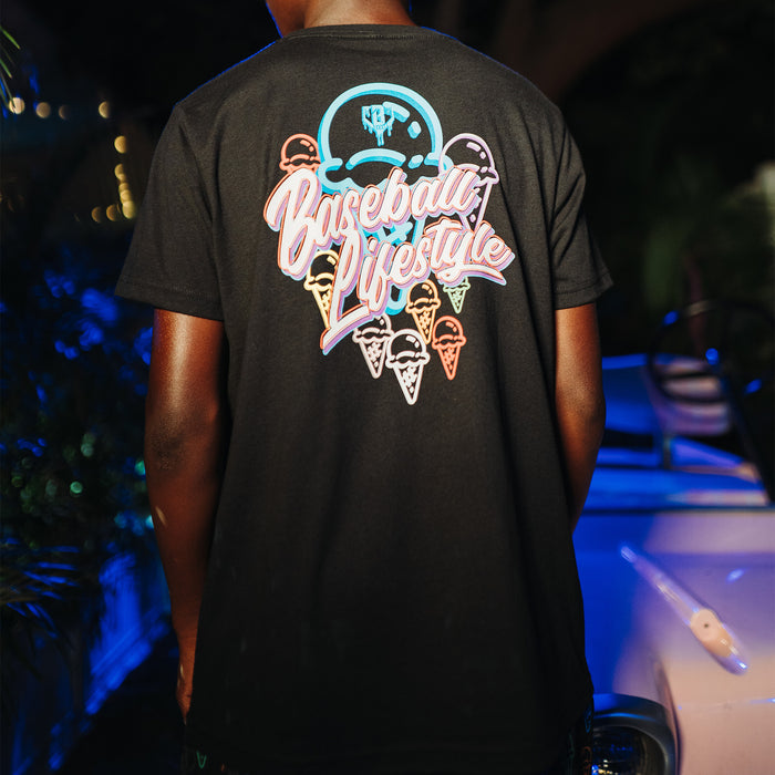 Youth model wearing black Ice Cream Scoops youth graphic tee