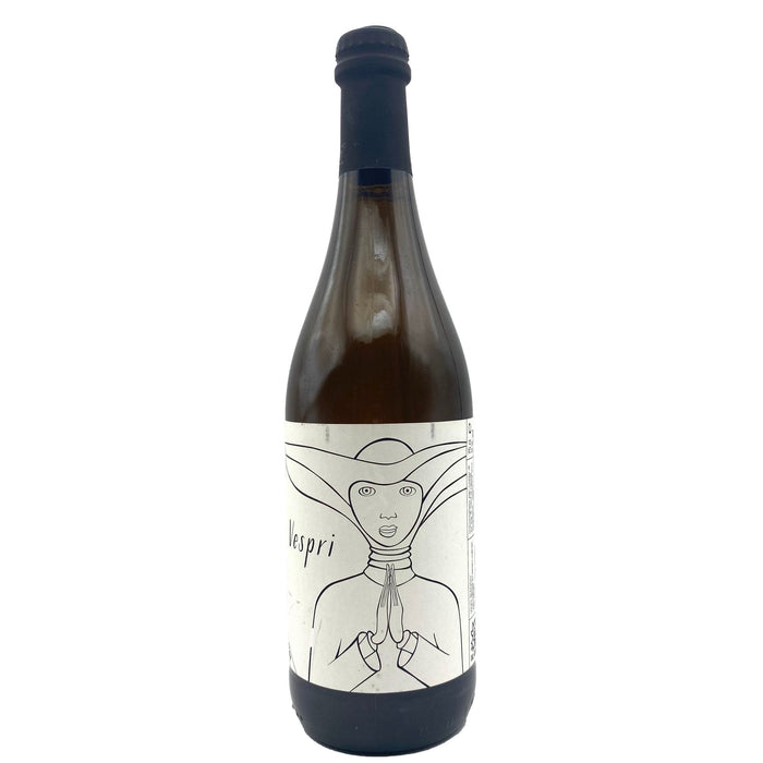 Sparkling wine bottle with dark glass and illustrated white label on front