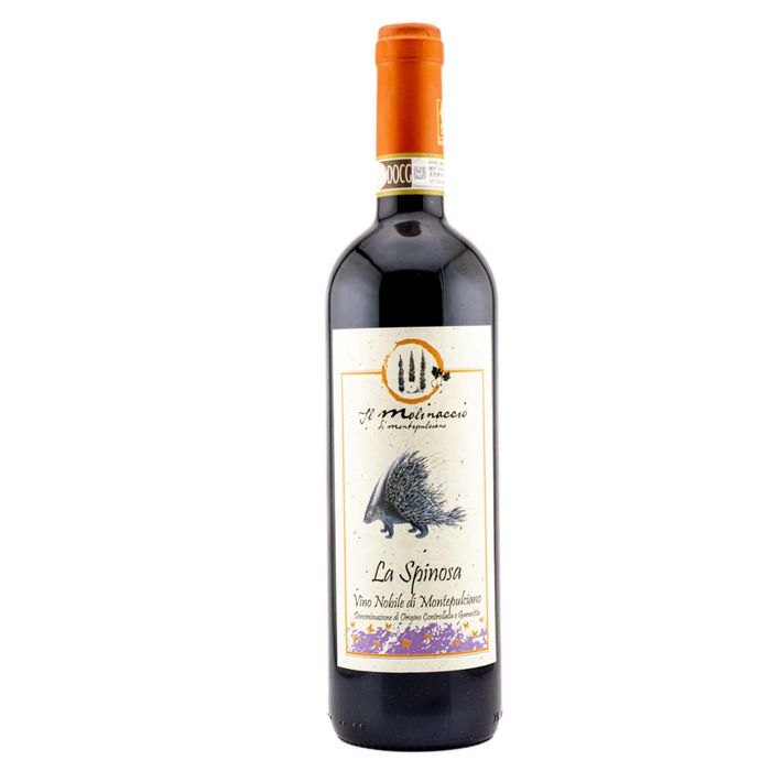 Il Molinaccio Il Spinosa wine bottle with dark red liquid and cream label, orange cap