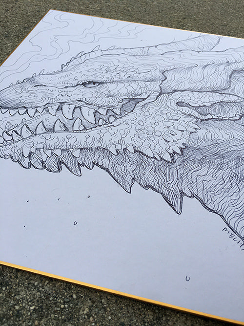 INK ON BOARD DRAWING- SASSY DRAGON