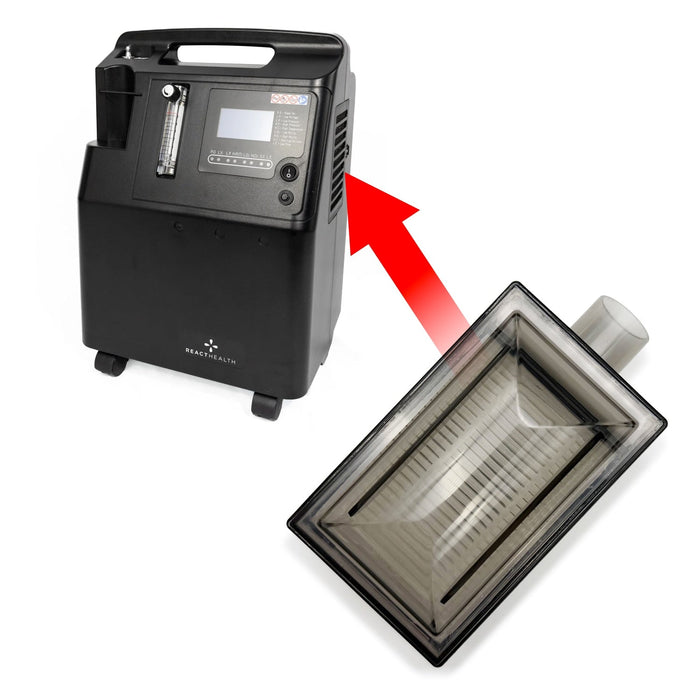 Black oxygen concentrator with a filter on a white background