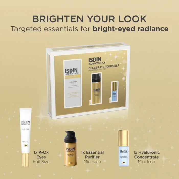 ISDIN Brighten Your Look Set with K-Ox Eyes full-size, Essential Purifier mini, and Hyaluronic Concentrate mini