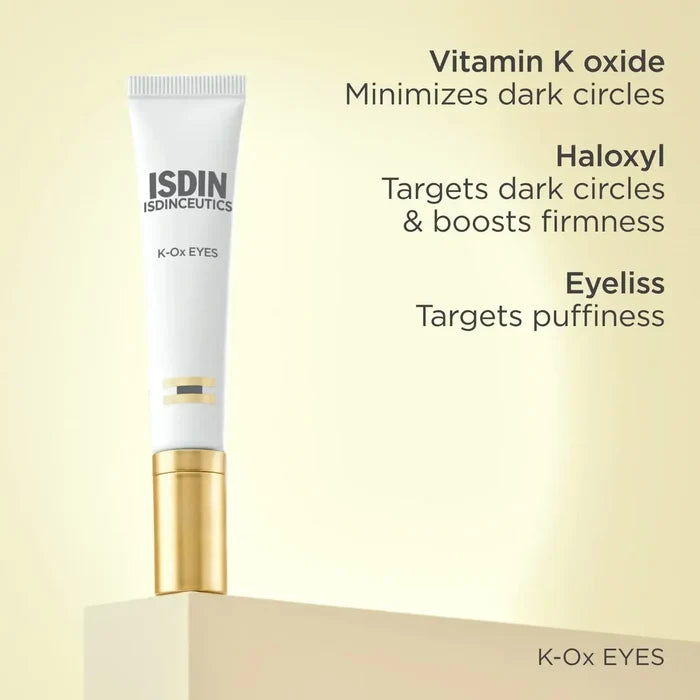 ISDIN K-Ox Eyes eye contour cream tube with Vitamin K oxide, Haloxyl and Eyeliss claims