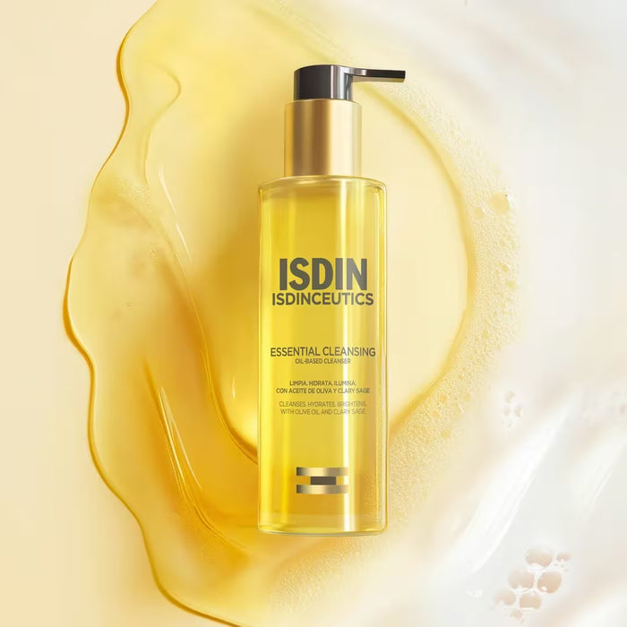 ISDIN Isdinceutics Essential Cleansing oil cleanser bottle with golden oil swirl