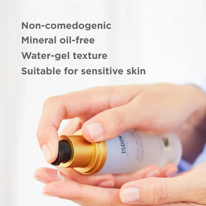 ISDIN Hyaluronic Concentrate water-gel serum dispensing onto hand, non-comedogenic and oil-free