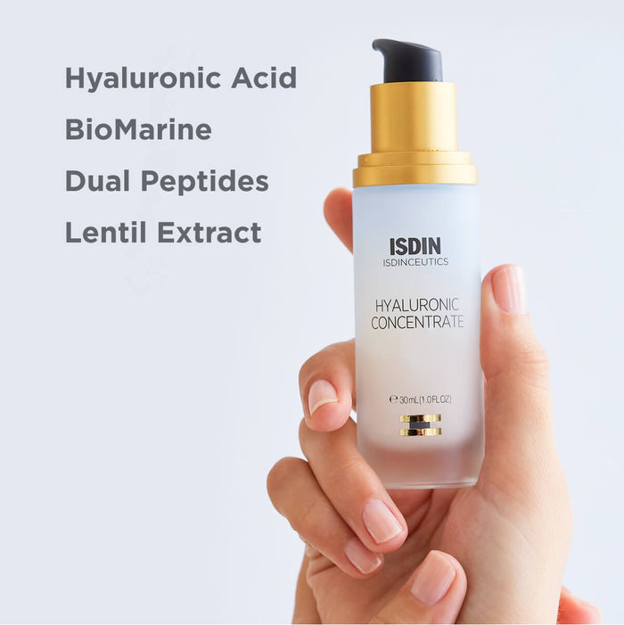 ISDIN Isdinceutics Hyaluronic Concentrate serum bottle with hyaluronic acid, bio marine, dual peptides and lentil extract