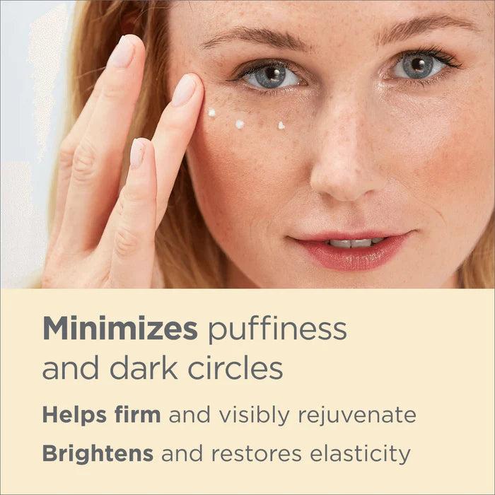 Woman applying eye cream with text: minimizes puffiness and dark circles, helps firm and brighten