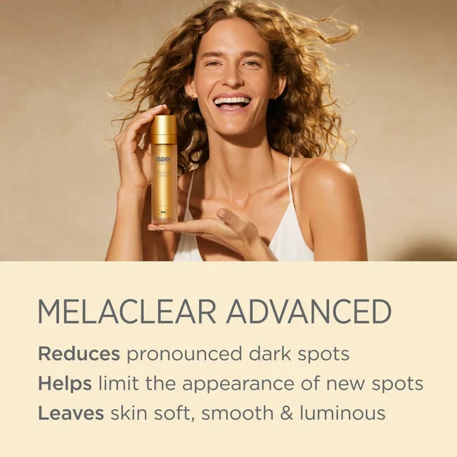 ISDIN Melaclear Advanced serum bottle with dark spot correcting claims