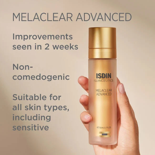 ISDIN Isdinceutics Melaclear Advanced serum bottle held in hand, with text: Improvements seen in 2 weeks, non-comedogenic