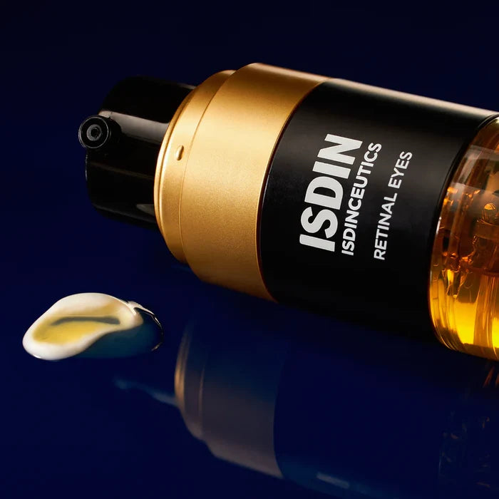 ISDIN Isdinceutics Retinal Eye Serum bottle with golden dispenser and amber drop