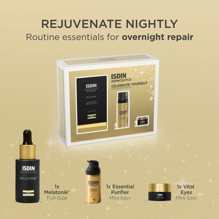 ISDIN Rejuvenate Nightly Set with Melatonik serum, Purifier Foam Cleanser and Vital Eyes cream