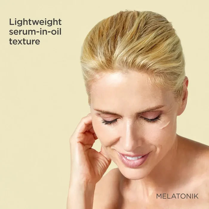 Melatonik lightweight serum-in-oil texture for nighttime skin rejuvenation