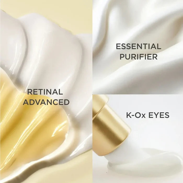 Retinal Advanced, Essential Purifier and K-Ox Eyes skincare set textures