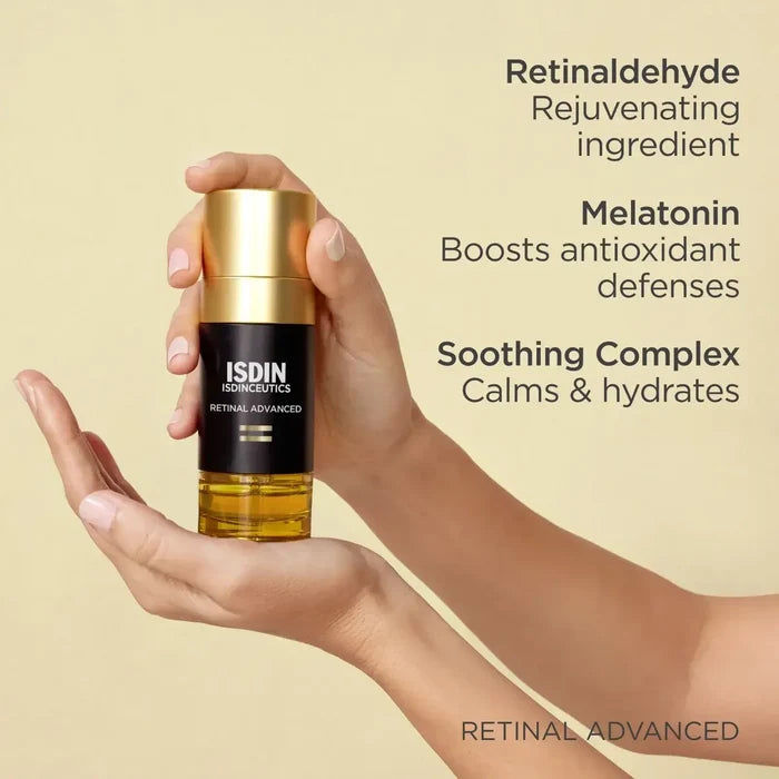 ISDIN Retinal Advanced serum bottle with gold cap, featuring retinaldehyde, melatonin, and soothing complex