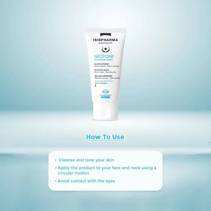 Tube of Isis Pharma Neotone balm on a light blue gradient background with usage instructions.