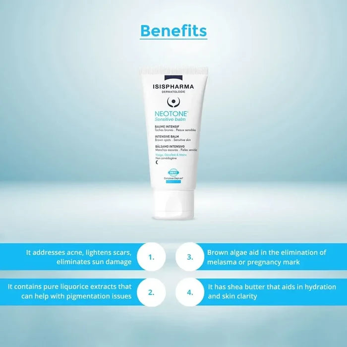 Isispharma Neotone Sensitive Balm tube with benefits listed