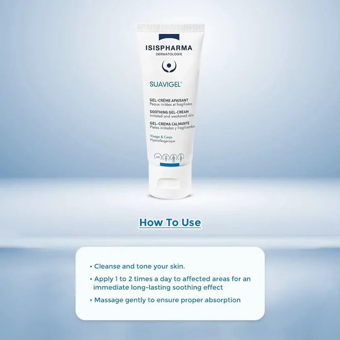 Isispharma Suavigel tube on a light with usage instructions.
