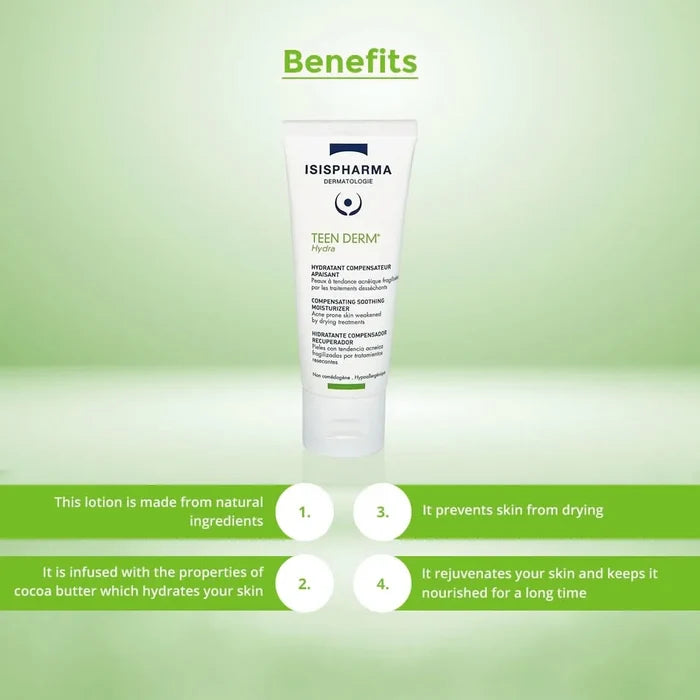 Isis Pharma Teen Derm lotion tube on a with benefits listed.