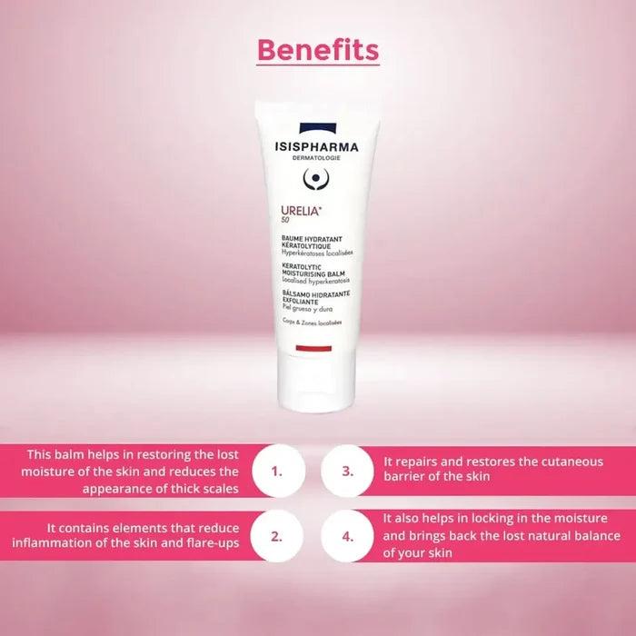 Isis Pharma Urelium balm on a pink background with text listing benefits