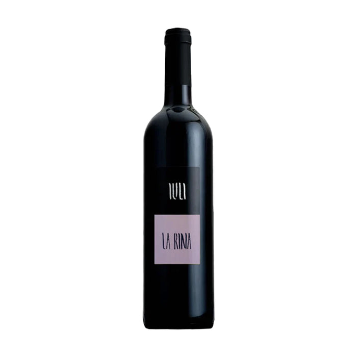 Dark wine bottle with front label and foil-wrapped neck