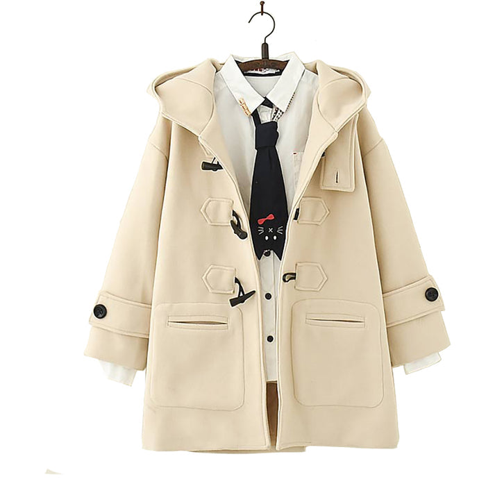 Japanese Long  Hooded Coat with Horn Buckle