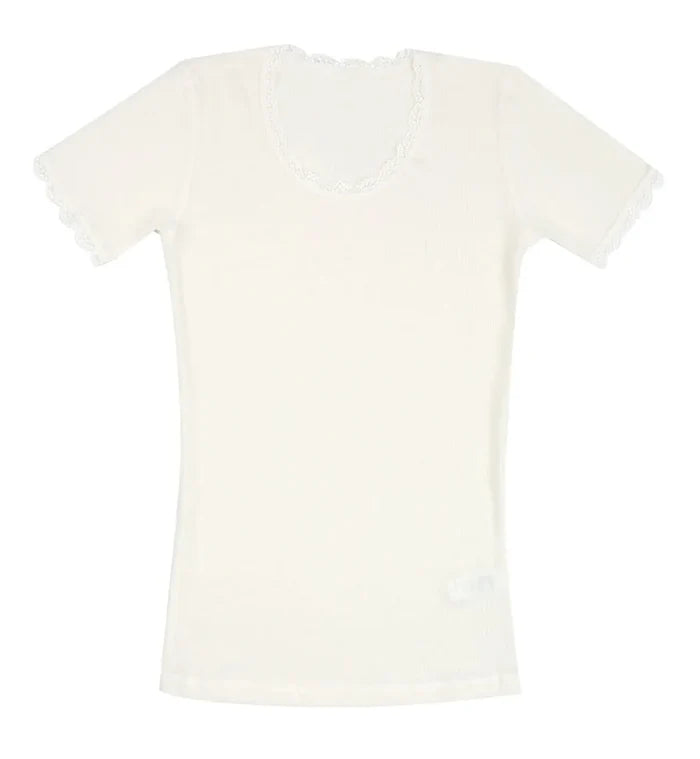 Joha uld kortærmet t-shirt med blondekant naturhvid-0