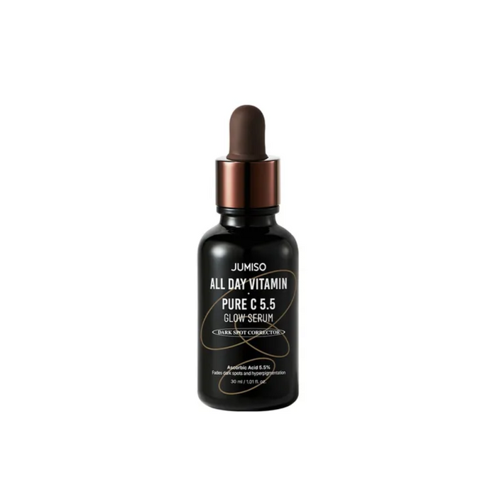 JUMISO All Day Vitamin Pure C 5.5 Glow Serum is a brightening serum formulated with 5.5% pure Vitamin C (Ascorbic Acid) to revitalize and even out the skin tone. It lightens hyperpigmentation and dark spots due to the combination of Vitamin C and Alpha-Arbutin. Enriched with Sodium Hyaluronate for deep hydration, and antioxidants like Tocopherol and Ferulic Acid, it helps protect the skin while enhancing radiance. Suitable for all skin types.